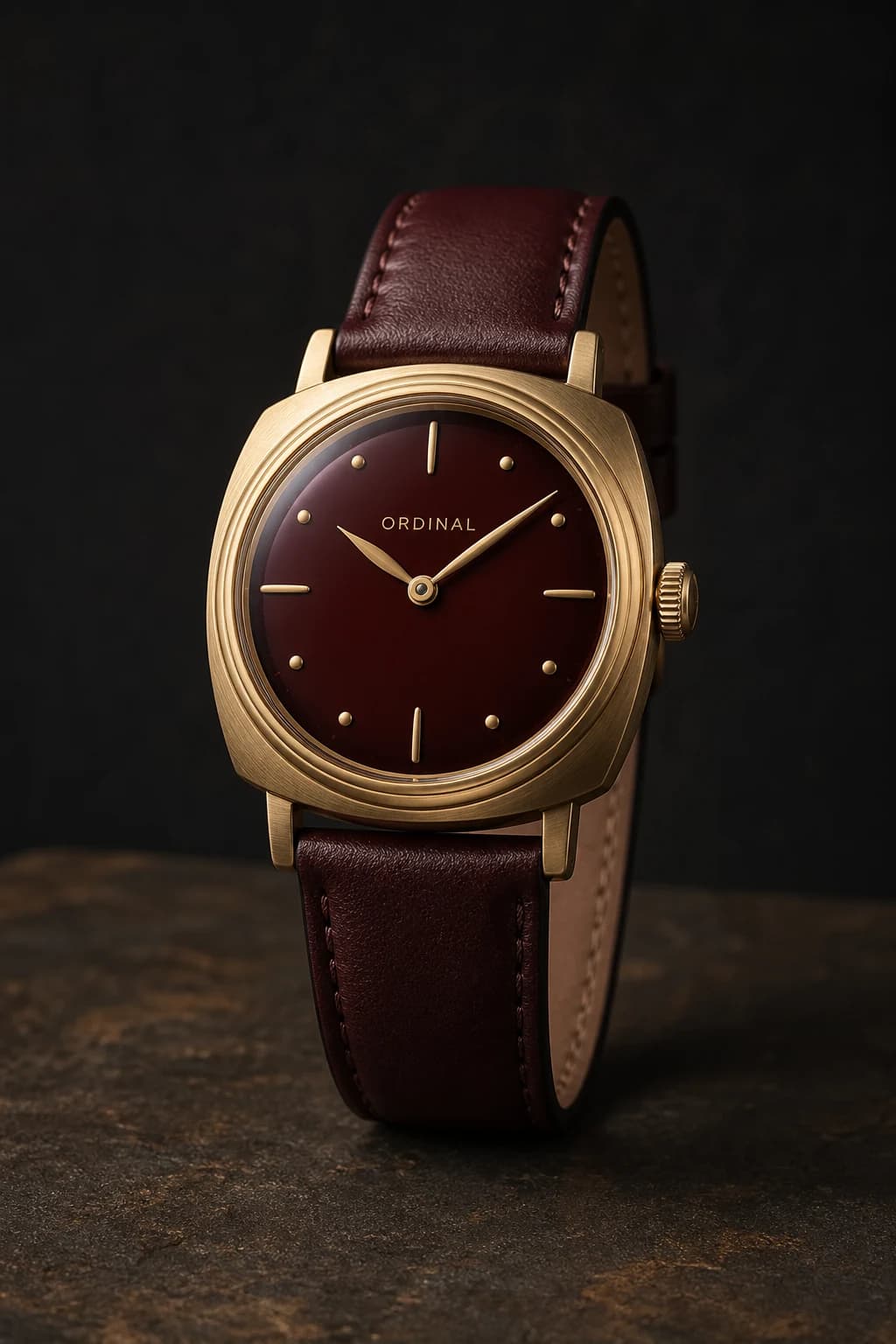 ORDINAL Interval O-303 with oxblood dial and matching leather strap