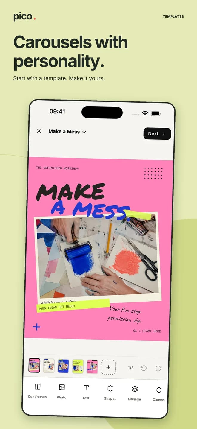 Pico App Store screenshot: carousels with personality, start with a template