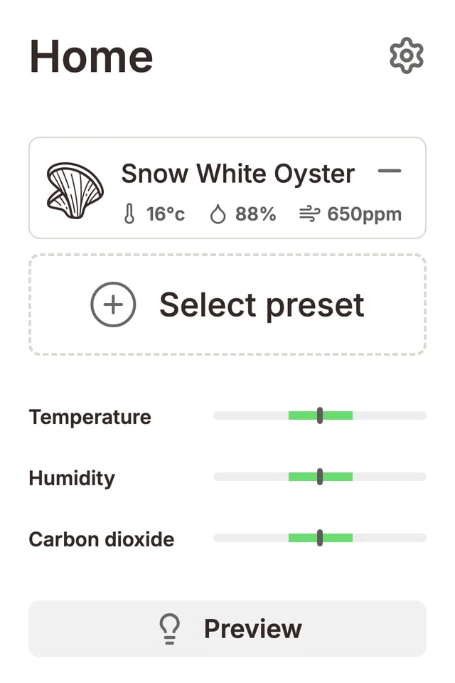 Flush touchscreen home screen showing the Snow White Oyster preset with temperature, humidity and carbon dioxide