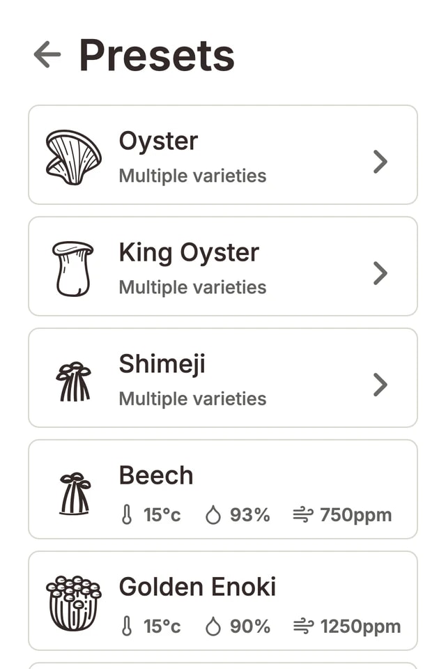 Flush touchscreen list of mushroom variety presets
