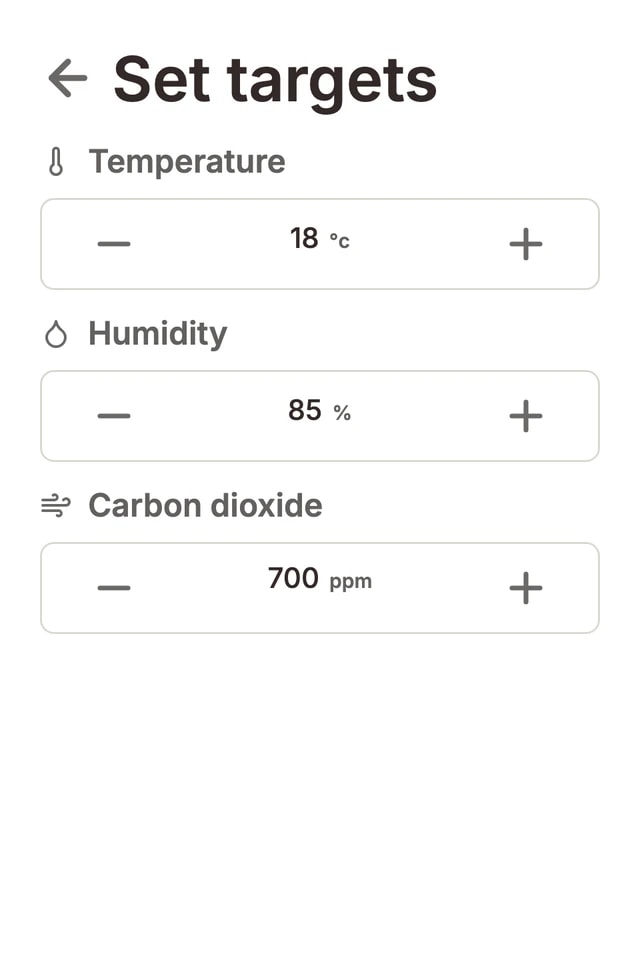 Flush touchscreen for setting temperature, humidity and carbon dioxide targets
