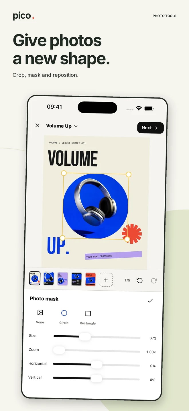 Pico App Store screenshot: masking a photo of headphones into a circle