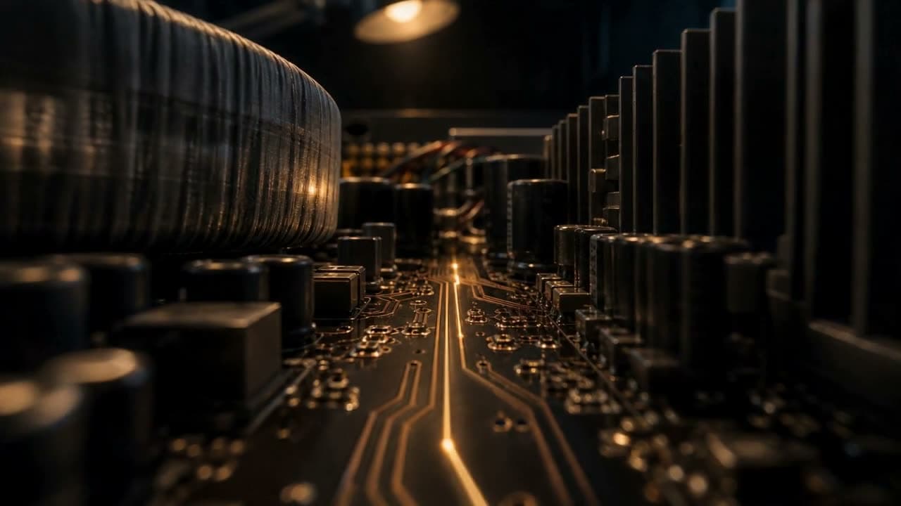 Macro view along a glowing circuit-board trace inside an electronics amplifier