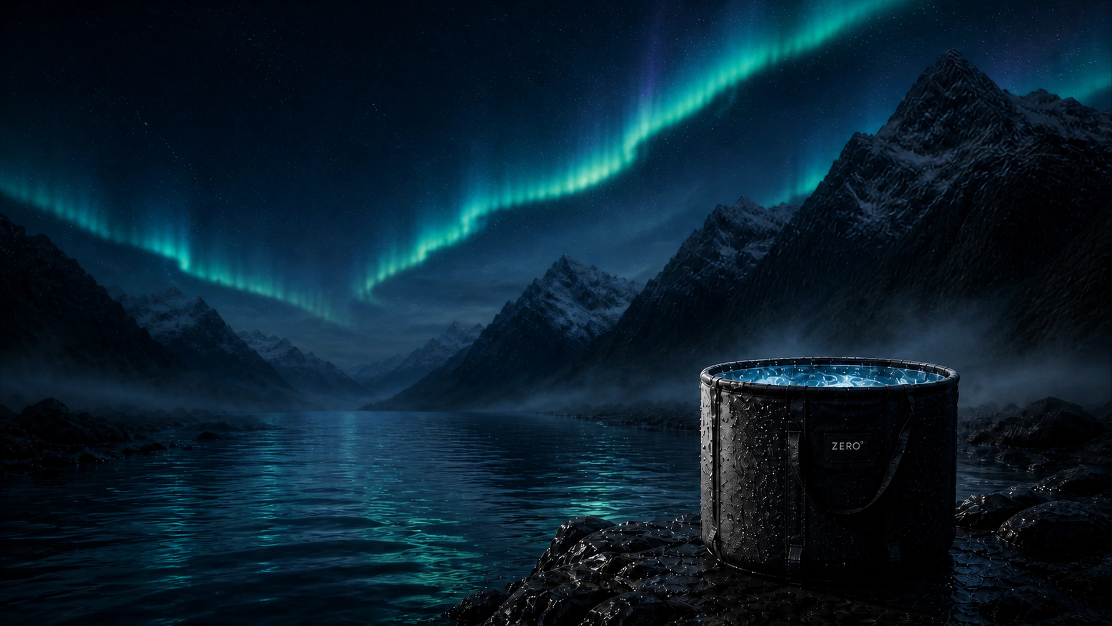 ZERO degrees portable plunge beside a glacial river under the aurora